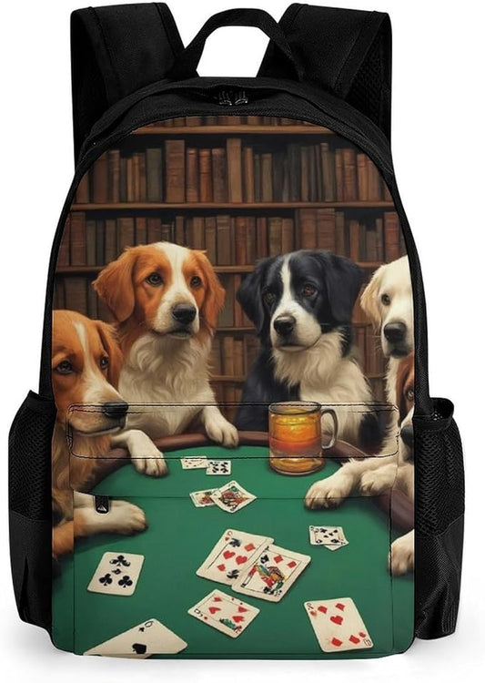 Men Women Polyester Dogs Playing Poker Cards Library Funny Dog Daypack Bookbag Big Capacity Shoulder Bag With Padded Straps for Climbing Travel Walking Cycling