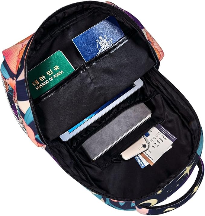 Polyester Daypack Backpack for Trekking Picnic Walking Cycling, Large Capacity Anti-Theft Multipurpose Shoulder Bag, Black Cat Flower Butterfly Starry Sky Dream Scene Art Casual Daypack