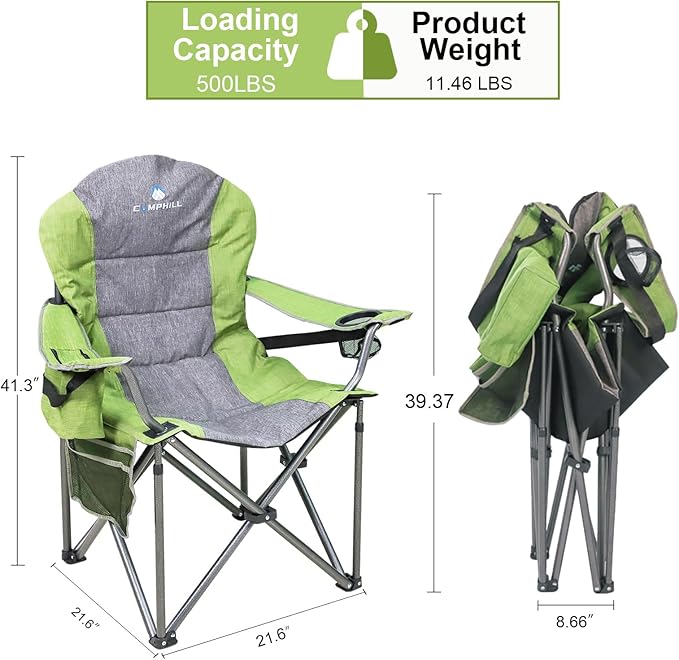 Northroad Oversized Portable Camping Chair, Full Padded Outdoor Folding Chair Support 350 LBS, Heavy Duty Lawn Chair with Cup Holder, Cooler Bag, Lumbar Support, Head Pocket for Adult (Green)