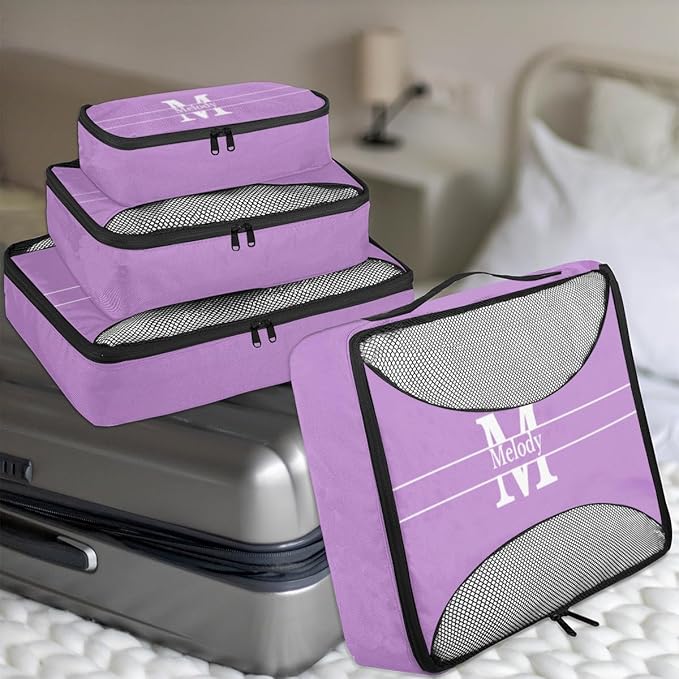 Custom Packing Cubes with Name - 4 Piece Packing Cubes Compression Luggage Suitcase Organizer Set, Lavender Purple with Initial Letter