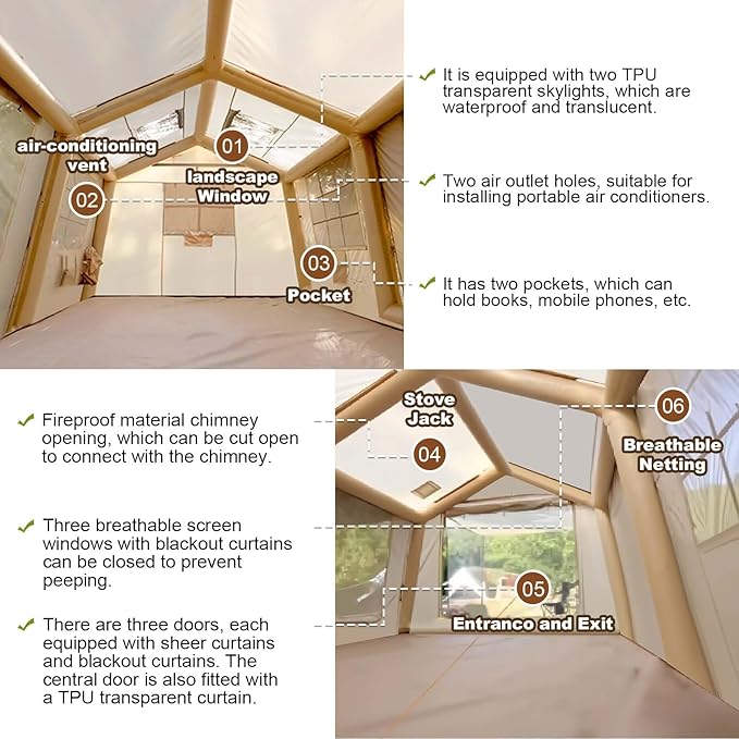 Inflatable Tents for Camping, Large Inflatable Camping Tent with Hand Pump, Easy Setup Tents for 4-6 People, Portable Glamping Tent