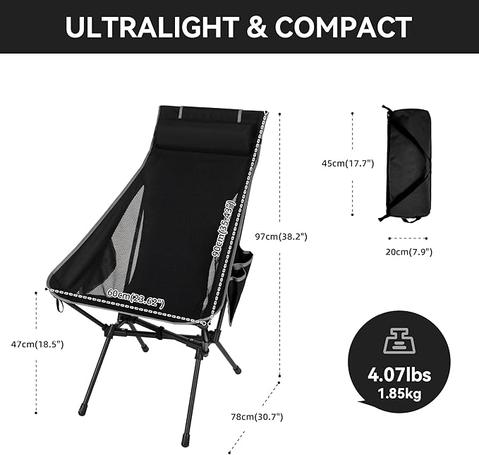 Portable High Back Camping Chair, Support Heavy Duty 440 lbs, Compact Folding Backpacking Chair with Detachable Pillow for Camp, Hiking, Backpacking(Black)