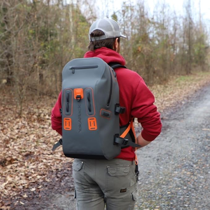 YakAttack 28L DryPak Waterproof Backpack with 2 Attachable Fishing Rod Holders – Grey/Orange | Floating Marine Dry Bag Pack with Padded Straps | Lightweight Hiking & Kayaking Gear & Storage Drybag