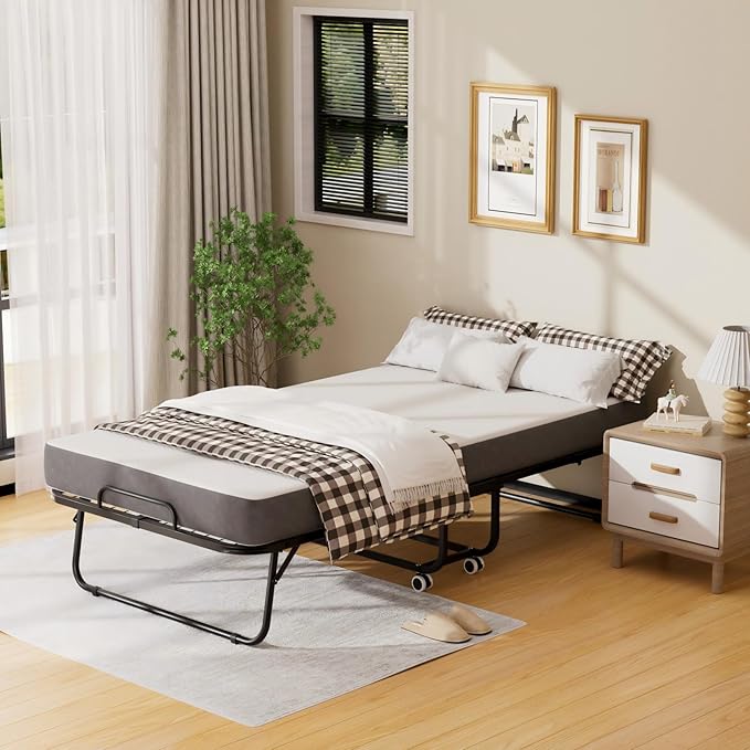 Folding Bed with Mattress for Adults,Roll Away Foldable Bed, Portable Rollaway Bed with 5-inch Memory Foam Mattress & Sturdy Metal Frame, Space-Saving Easy Storage,75"x 38"