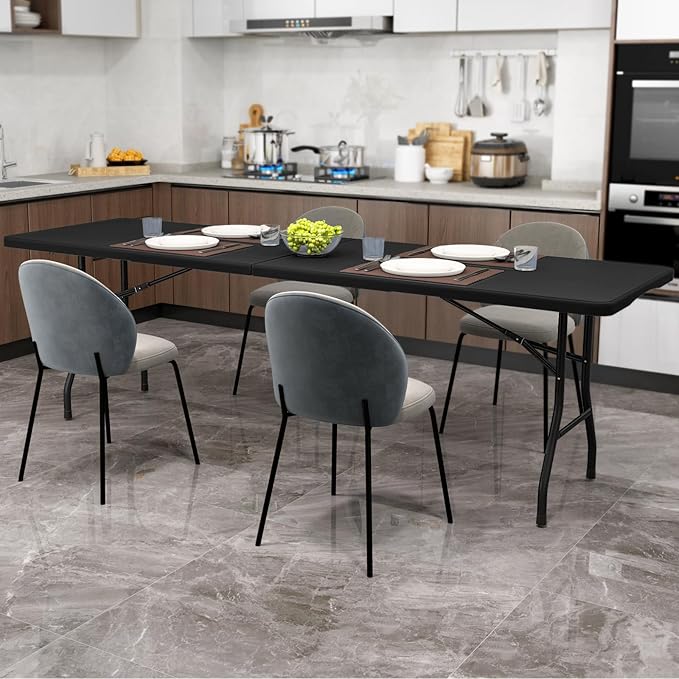 Folding Table, HDPE Portable Table with 8 ft Long Tabletop, Metal Frame Picnic Camping Table with Safe Lock, Collapsible Dining Table for Camping, Picnic, Party (Black, 8 FT)