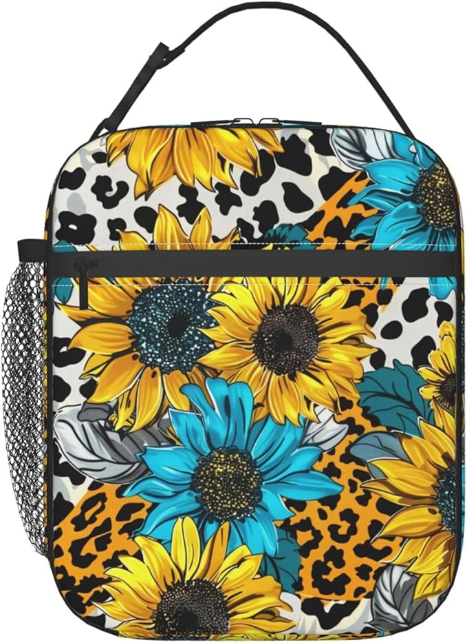 Reusable Sunflower Lunch Box for Kids Girls Boys Women Adult, Insulated Floral Leopard Print Lunch Bag,Polyester Cooler Flower Handbags Case for School Picnic Work Travel Beach or Hiking