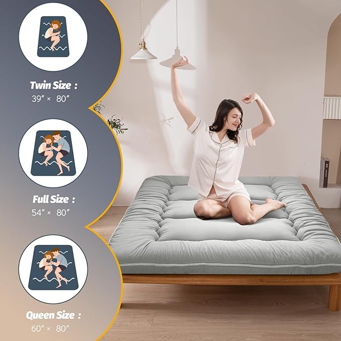 MAXYOYO 6" Extra Thick Japanese Floor Mattress Futon Mattress, Foldable Tatami Pad for Adults, Roll Up Floor Bed for Guest Room Bedroom RV, Grey, Twin