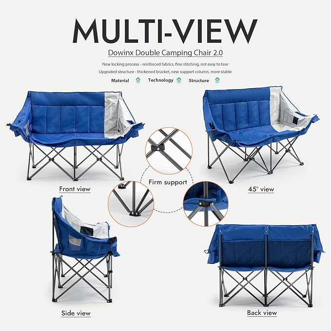 Dowinx Double Camping Chair Loveseat with Cup Holders & Wine Glass Holders, Oversized Folding Outdoor Lawn Chair 660lbs, Portable Padded Seat with Storage Bag for Adults, Beach, Patio, Picnic - Blue