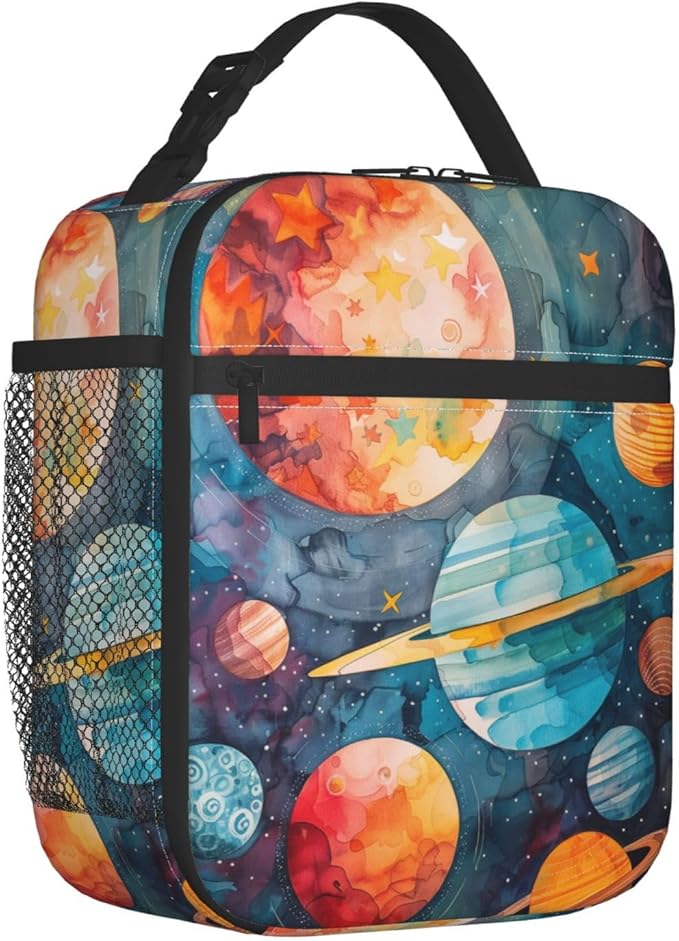 Colorful Galaxy Insulated Lunch Box for Women Men Cartoon Planet and Star Lunch Bag for Work,Picnic,Travel,Hiking,Beach or Fishing Polyester Astronomy Enthusiasts Lunch Box