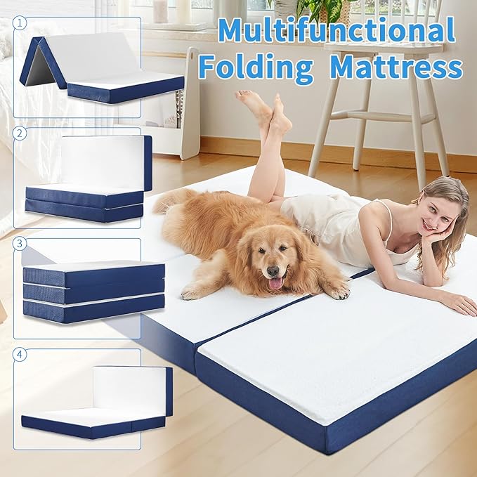 CYMULA Folding Mattress Queen Size, Memory Foam 6 inch Tri Portable Trifold Mattress Futon Topper Queen with Breathable & Washable Cover, Murphy Bed Guest Bed,58"x75"x6"