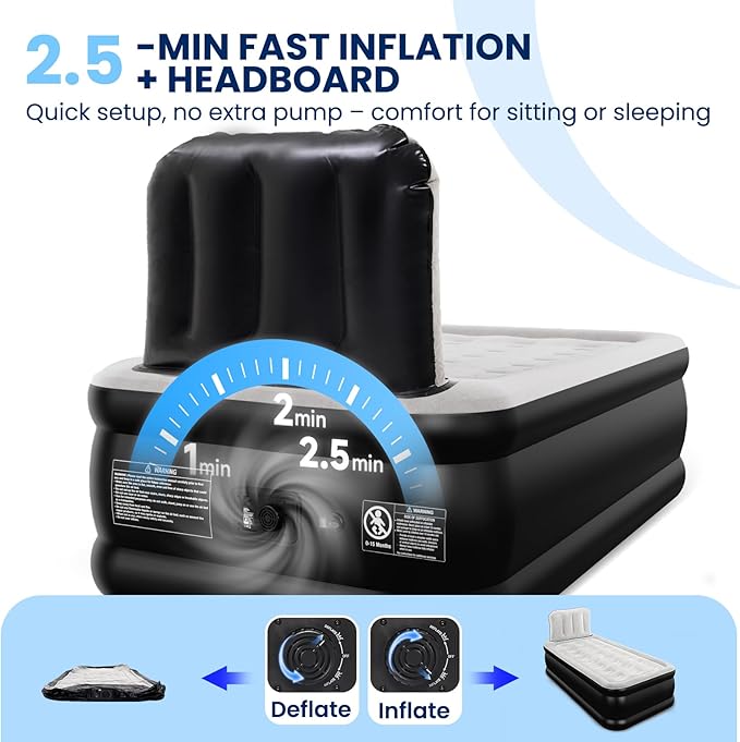 Twin Air Mattress with Headboard, Built-in Pump, 600 lbs Heavy-Duty Support, 48-Hour Leak-Tested PVC, 19" Raised Comfort Design, 2.5 Min Fast Inflation, Inflatable Mattress for Home, Guests & Camping