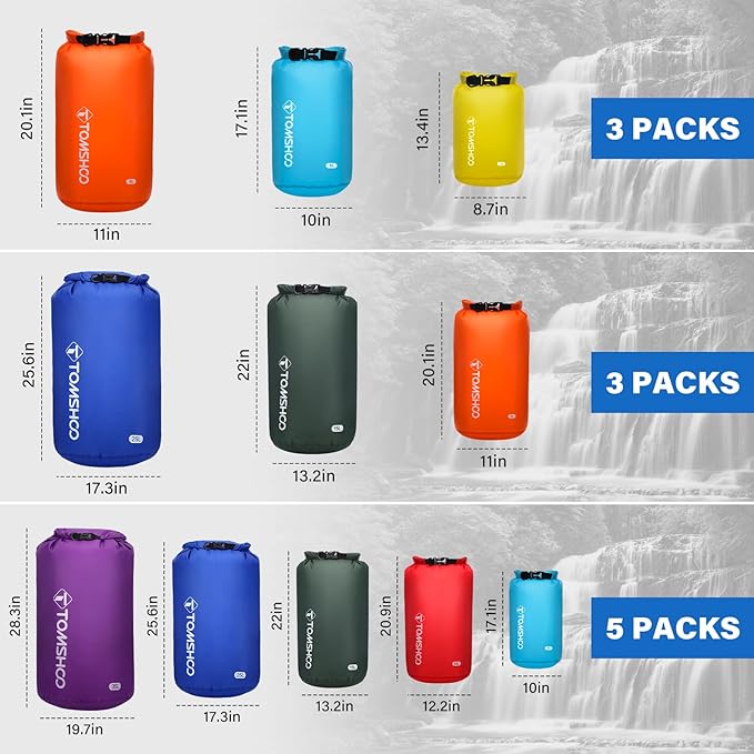 TOMSHOO Dry Bag 3-Pack/5-Pack, Lightweight Waterproof Bags Roll Top Sack Set Keeps Gear Dry for Hiking, Beach, Fishing, Kayaking, Boating, Swimming, Camping