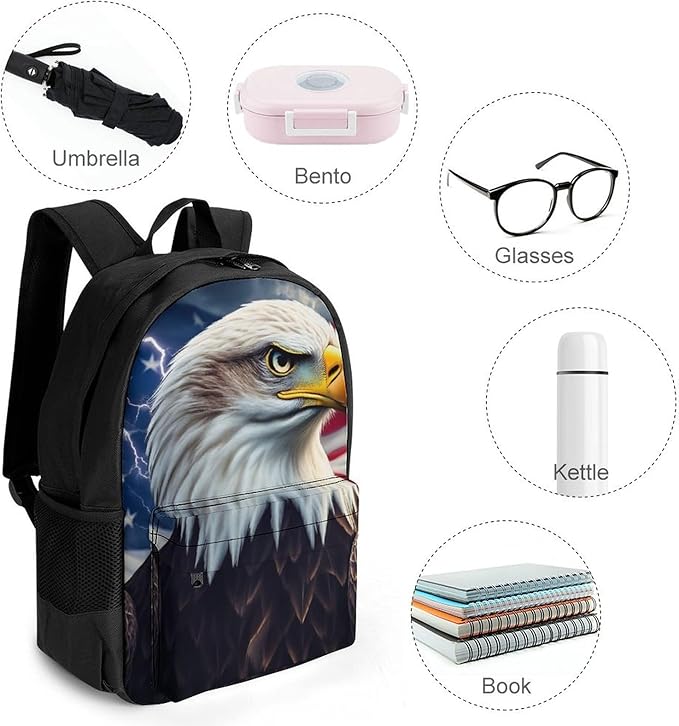 Supdreamc Lightweight Rucksack for Sports Travel Running, Big Capacity Multipurpose Anti-Theft Bookbag, Bald Eagle American Flag Travel and Sport Backpack Rucksack