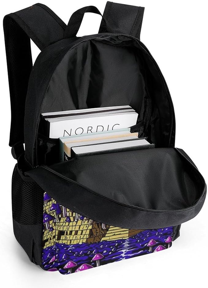 Men Women Lightweight Trippy Magic Pyramid Mushrooms Universe Art Casual Daypack Big Capacity Bookbag With Padded Straps for Gym Travel Walking Cycling