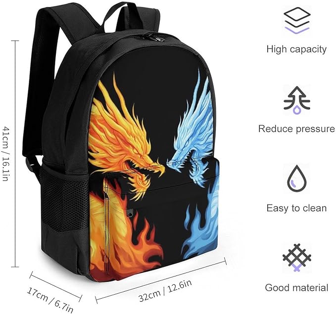 Polyester Daypack for Hiking Work Running, Big Capacity Anti-Theft Multipurpose Shoulder Bag, Red Blue Ice Fire Flame Dragon Travel and Sport Backpack Rucksack