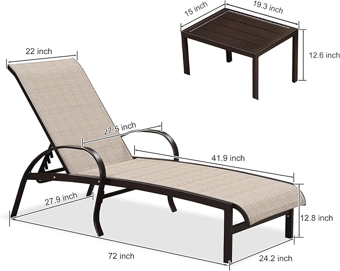 PURPLE LEAF Outdoor Chaise Lounge Chair Set of 3 Patio Pool Lounger Aluminum Chairs with Side Table Adjustable Tanning Recliner for Outside Yard Deck Lawn Garden Beach Khaki