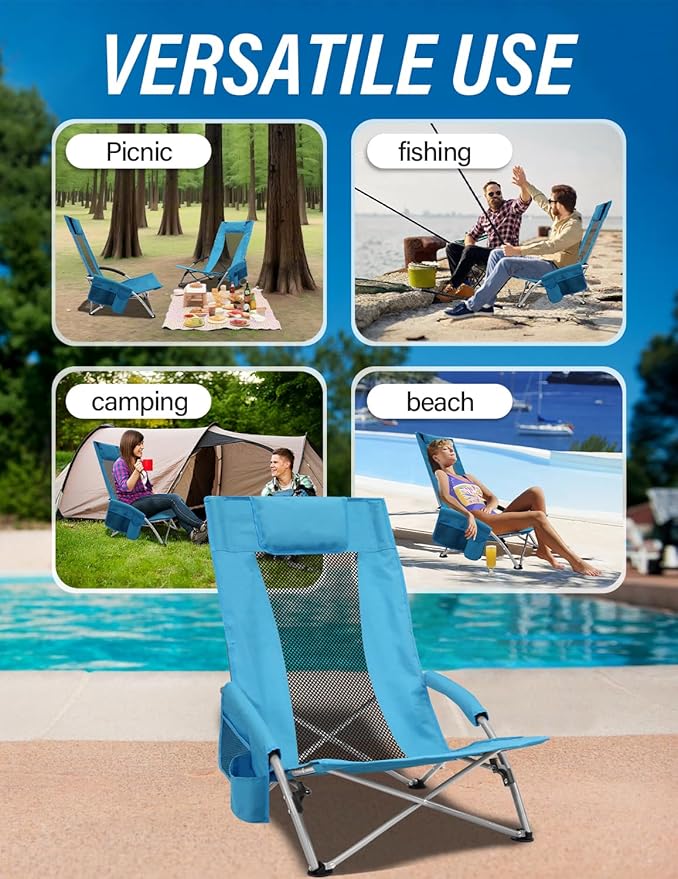 BDL Low Beach Chairs for Adults 2 Pack, Portable Lightweight Folding Chair Cup Holder & Carry Bag, Set of 2 Folding Beach Chair for Outdoor, Sand, Camping, Concert, Travel（Blue）