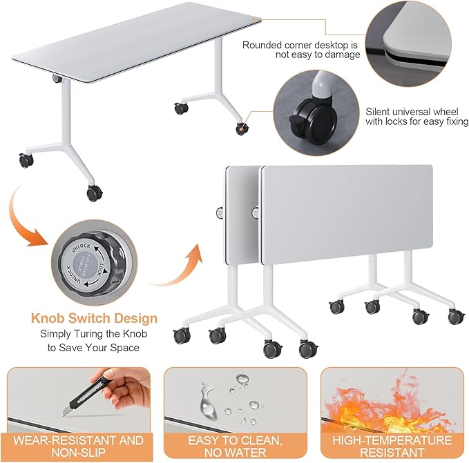 2Packs 55.1 Inch Folding Conference Table 4.59 FT Space-Saving Training Classroom Table,Heavy-Duty Meeting Desk for Office Events,Easy Storage Design, Rectangular Table with Durable Legs White