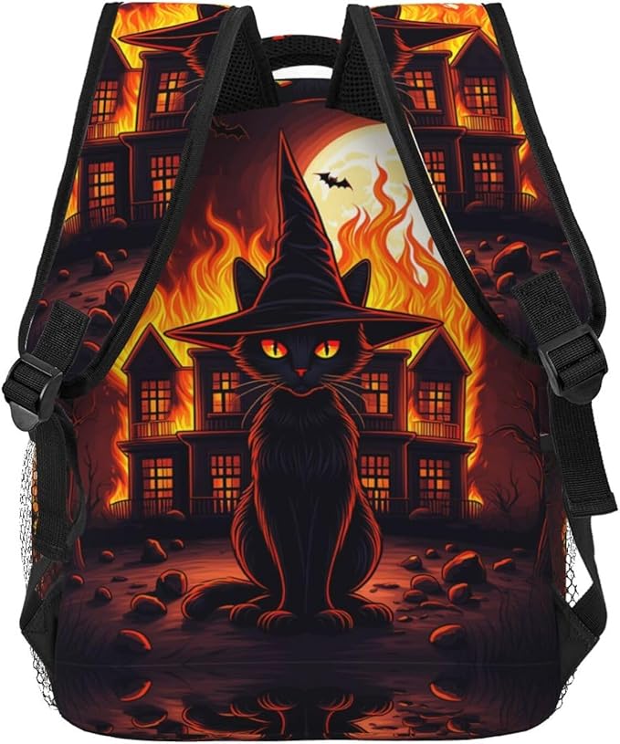 Daypack Backpack Multipurpose Anti-Theft Large Capacity Bookbag, Black Cat Witch Hat Old House Night Art Travel Hiking Camping Rucksack With Adjustable Shoulder Straps