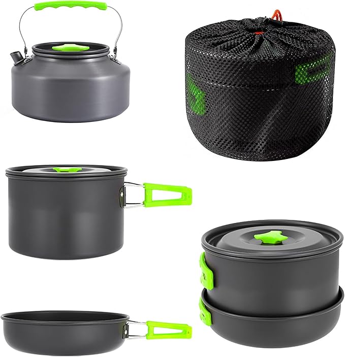 aiGear 3pcs Camping Cookware Mess Kit, Non-Stick Camping Pan Pot Kettle, Lightweight Aluminum, Collapsible Portable Camping Cooking Set for Outdoor Cooking Hiking Picnic