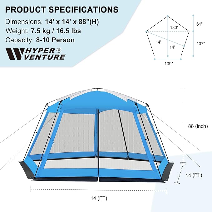 Hyper Venture Screen House 14x14ft Canopy Tent with 5-Sided Netting, Easy Setup, Portable Gazebo Shelter for Outdoor Camping, Gathering, Party, Picnic, Blue