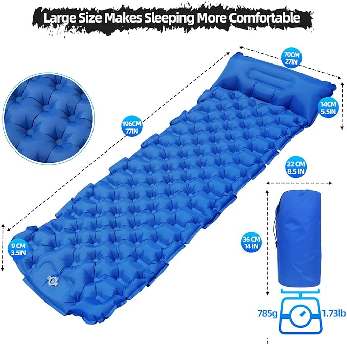 Self-Inflating Sleeping Pad, Ultralight Inflatable Sleeping Pad with Pillow, Built-in Pump Foot Press Waterproof Durable Camping Sleeping Pad for Backpacking, Hiking, Traveling (Dark Blue)