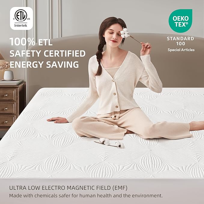 Bwarm Heated Mattress Pad ETL Certified Flower Bed Warmer with 9 Heat Settings, 1-12 Hours Auto Off Deep Pocket, Machine Washable, White (King)
