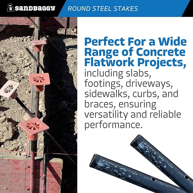 Sandbaggy Round Steel Concrete Form Stakes with Nail Holes - Rust Resistant Coating - Removable, Reusable (5, 3/4 in X 60 in)