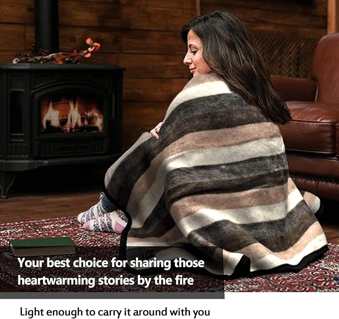 Alpaca Warehouse 100% Natural Alpaca and Sheep Wool Blanket King Size Thick Heavyweight Comfortably Warm - Great for Outdoor Use - Striped Design 103" x 90" (Beige/Brown/Gray, King)