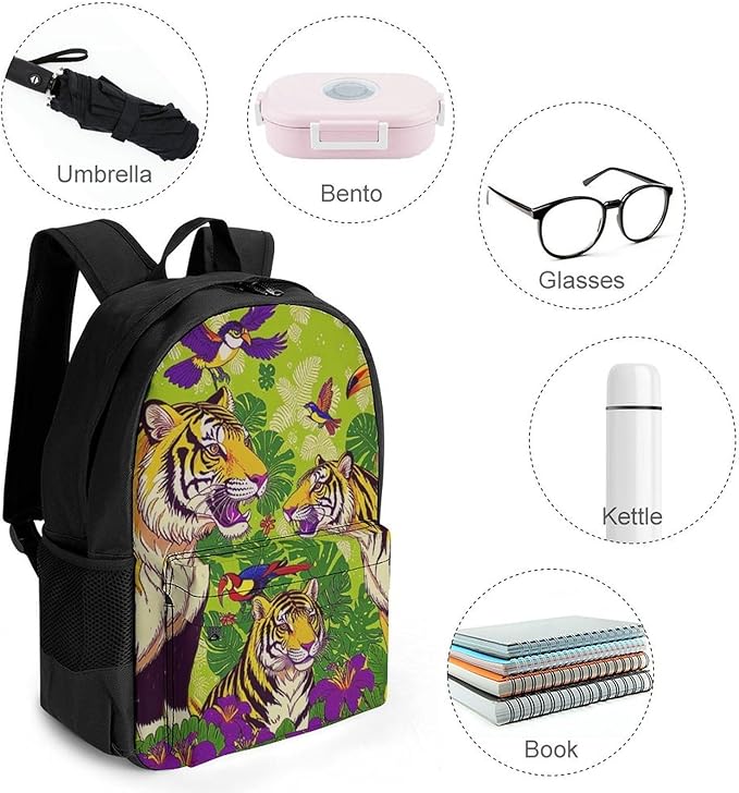 Supdreamc Daypack Backpack Polyester Anti-Theft Multipurpose Tropical Floral Wild Animals Tigers Parrot Green Bookbag Big Capacity Travel Hiking Camping Rucksack With Smooth Zippers