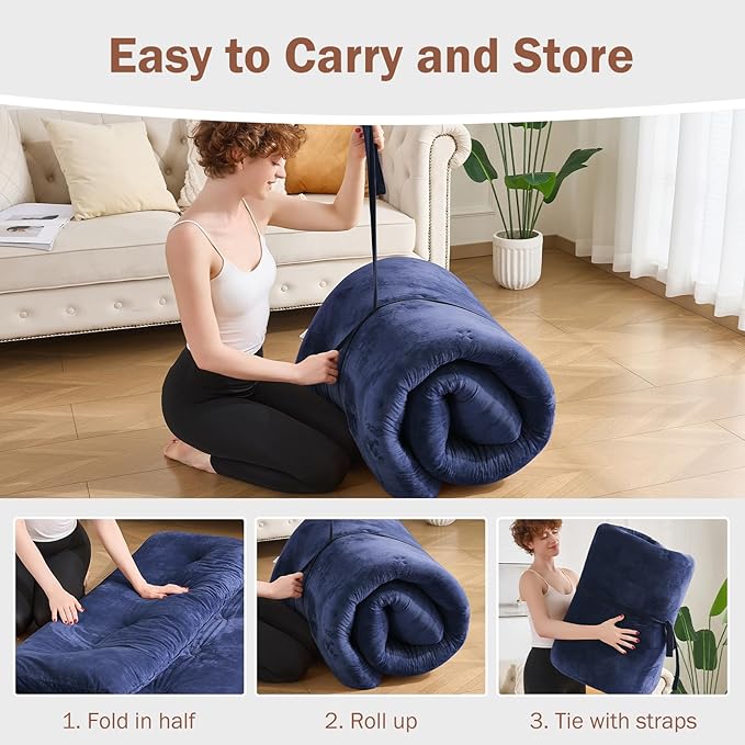 Japanese Floor Futon Mattress Twin Size 38"x 80", 2.5'' Thick Foldable Roll Up Floor Bed Sleeping Pad, 25D Foam Filled Tatami Mat with Straps for Guest Room, Dormitory & Camping, Navy Blue