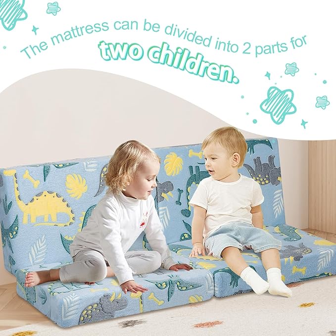 MeMoreCool Foldable Floor Mattress for Kids, Glow Dinosaur Trifold Mat, Kids Folding Mattress Portable Futon, Blue