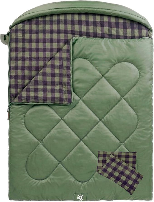 ShinHye Double Sleeping Bag for Adults with 2 Pillows, Camping Sleeping Bags Flannel Cotton 2 Person Sleeping Bags XXL Queen Size Sleeping Bag for Cold Weather