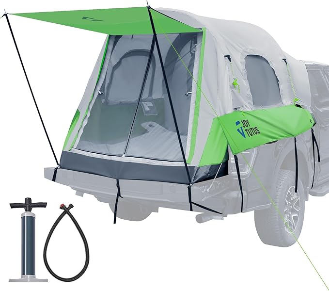 JOYTUTUS Inflatable Truck Bed Tent 5.5-6.5FT with Awning, Includes Air Pump for Quick 30S Setup, Dual-use Pickup or Camping Tent for 2 Person, Truck Tent with Waterproof Roof Shade and 3 Windows