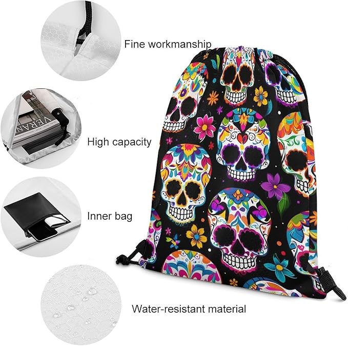 Water Resistant Drawstring Backpack Lightweight Sackpack for Yoga Gym Beach Travel, Men Women Unisex Sports Bag, Sugar Skull Bags