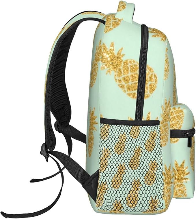 Rucksack Polyester Anti-Theft Multipurpose Gold Pineapple Pattern Bookbag Big Capacity Travel and Sport Backpack Rucksack With Side Pockets