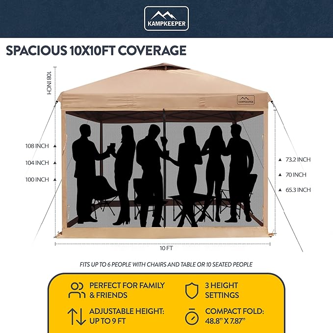 KAMPKEEPER 10x10 Pop-Up Canopy Tent, Waterproof Portable Shade with Screen Walls, Adjustable Instant Outdoor Shelter for Camping, Backyard, and Events, Khaki