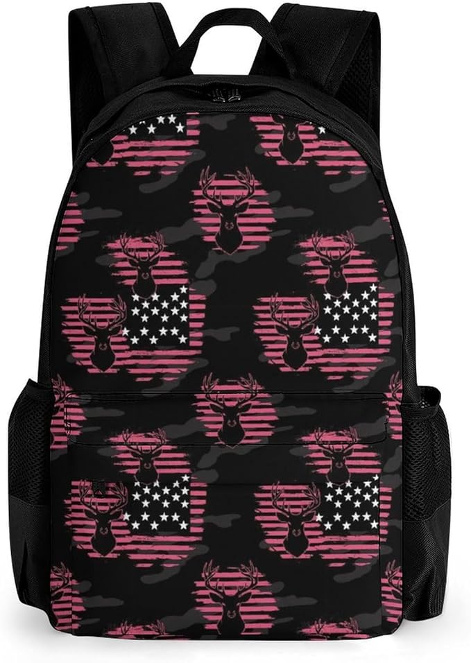 Men Women Lightweight American Flag Hunting Camo Deer Pink Camouflage Casual Daypack Large Capacity Bookbag With Adjustable Shoulder Straps for Gym Business Bicycle