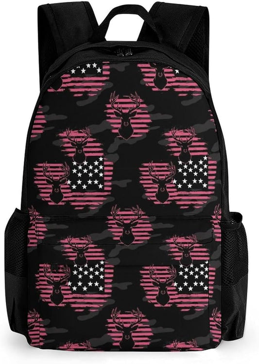 Men Women Lightweight American Flag Hunting Camo Deer Pink Camouflage Casual Daypack Large Capacity Bookbag With Adjustable Shoulder Straps for Gym Business Bicycle