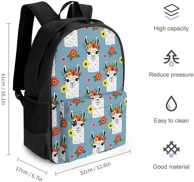 Rucksack Polyester Anti-Theft Multipurpose Alpaca Llama Flower Carry On Bag Large Capacity Travel and Sport Backpack Rucksack With Smooth Zippers