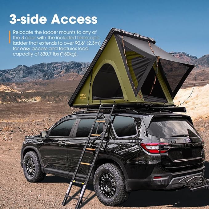 Sanhima Rooftop Tent Hard Shell - Hotham Lite Overland Aluminium Roof Top Tent 4.56" Slimline, w/Tri-Color LED Strip Light & 1.97” Thick Mattress, for Car SUV Truck Camping, 2-3 People