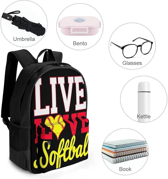 Supdreamc Lightweight Backpack for Gym Travel Bicycle, Big Capacity Multipurpose Anti-Theft Carry On Bag, I Live Love Softball Travel Hiking Bag Day Pack
