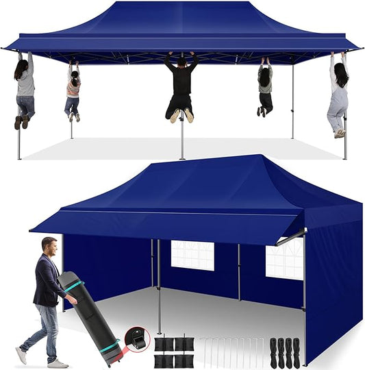 COBIZI 10x20 Pop Up Canopy Tent with Awning,Heavy Duty Canopy UPF 50+ All Season Wind Waterproof Commercial Outdoor Street Vendors Party Tents for Parties Canopy with Roller Bag(10 x 20 ft Dark Blue)