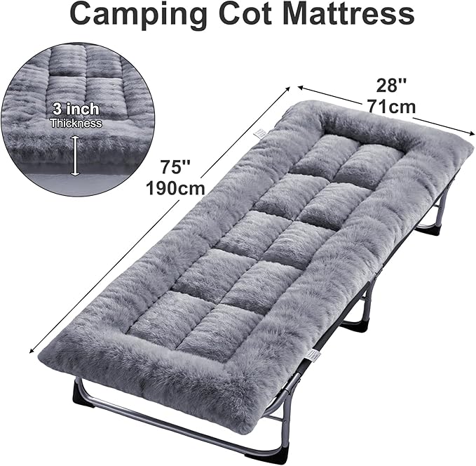 Thick Camping Sleeping Pad - Faux Rabbit Fur Ultra Soft & Non-Slip Sleeping Mat with Portable Roll up Camping Cot Pad for Travel Car Tent Guest Bed (75" x 28", Dark Grey)