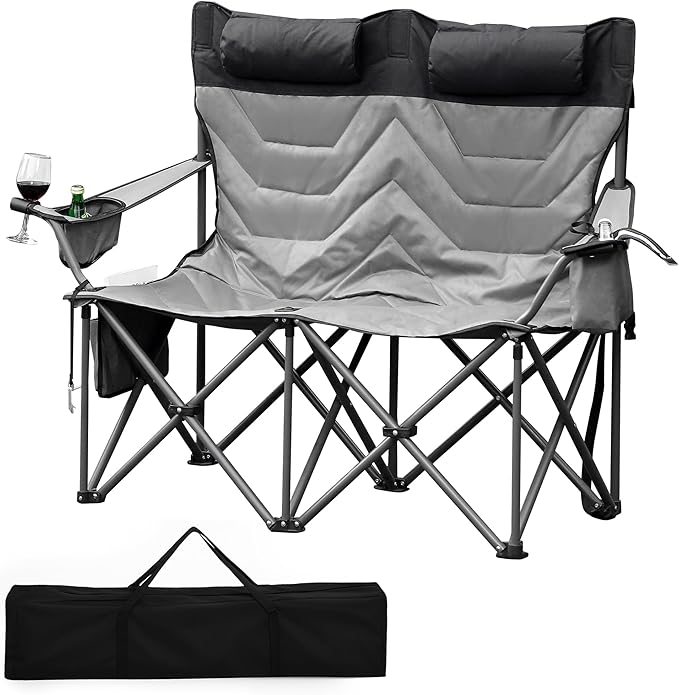 GAOMON Oversized Double Camping Chair with High Back, Pillow - Heavy Duty Folding Loveseat for 900lbs Capacity, Portable Support for Camping, Beach, Backyard