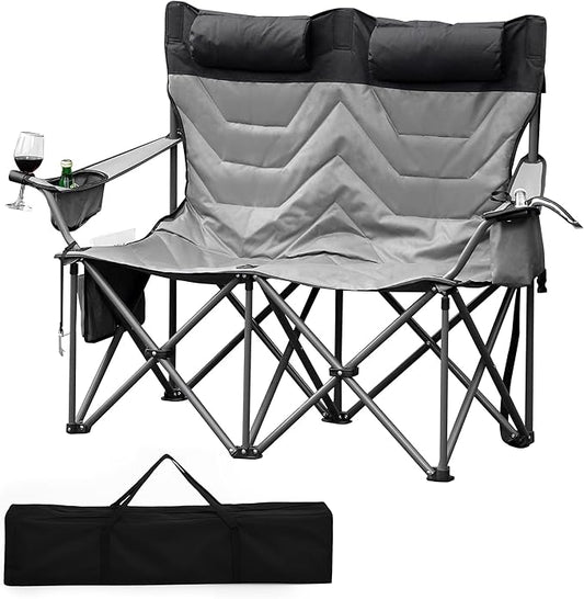 GAOMON Oversized Double Camping Chair with High Back, Pillow - Heavy Duty Folding Loveseat for 900lbs Capacity, Portable Support for Camping, Beach, Backyard