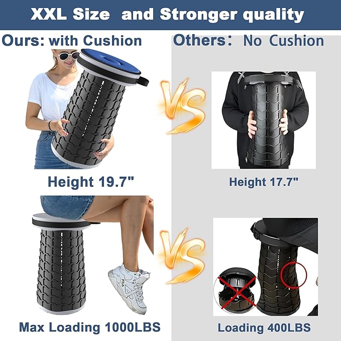 ALEVMOOM 2025 Upgraded XXL Collapsible Stool with Cushion 19.7",1000lbs Max Weight,Wider & Taller Seat, Heavy Duty Portable Retractable Folding Chair or Travel Foot for Camping & Outdoors(Grey)
