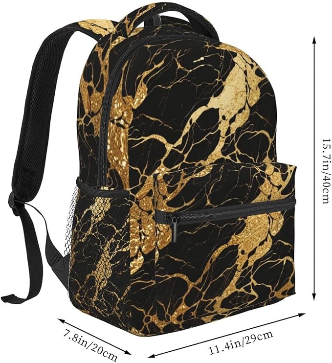 Men Women Lightweight Black Marble Gold Texture Art Casual Daypack Large Capacity Bookbag With Adjustable Shoulder Straps for Gym Business Bicycle