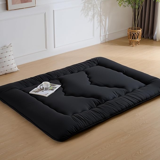 Japanese Floor Mattress, 3.5" Thicken Futon Mattress Tatami Mat, High Density Foam Support for Adult Kids Sleep, Portable Futon Sofa Bed for Camping, Pet Mat, Queen 80"x 60"（Black）