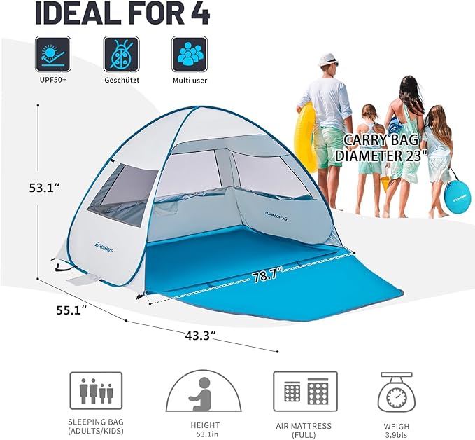EchoSmile Pop Up Beach Tent for 4 Person Family, UPF 50+ Sun Shelter & Waterproof Beach Shade for Kids, Automatic Easy Setup Portable Cabana for Outdoor Travel（Light Blue）
